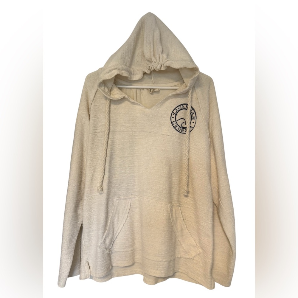 US Vintage Savannah Georgia Cream Pullover Hoodie with Logo Rope Pulls SzM